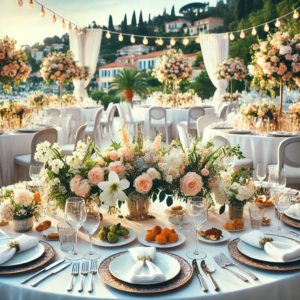 DALL·E 2024-10-30 11.21.49 - A beautiful wedding reception setup, featuring an elegant catering arrangement by a professional service. Tables with white linens are decorated with